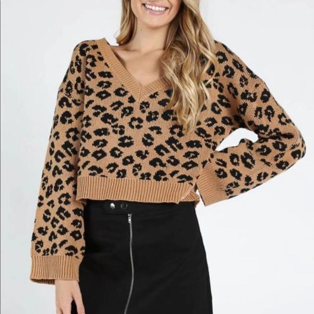 Wild Honey Cropped Balloon Sleeve Sweater Brown & Black Animal Leopard Size S